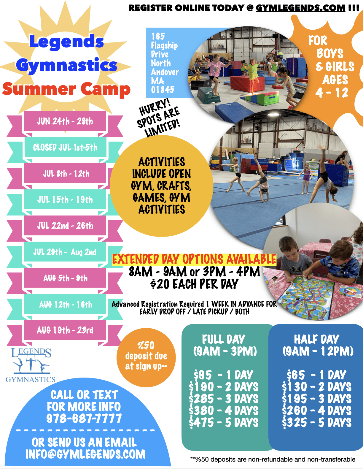 Register for Summer Camp at Legends Gymnastics in North Andover, MA.